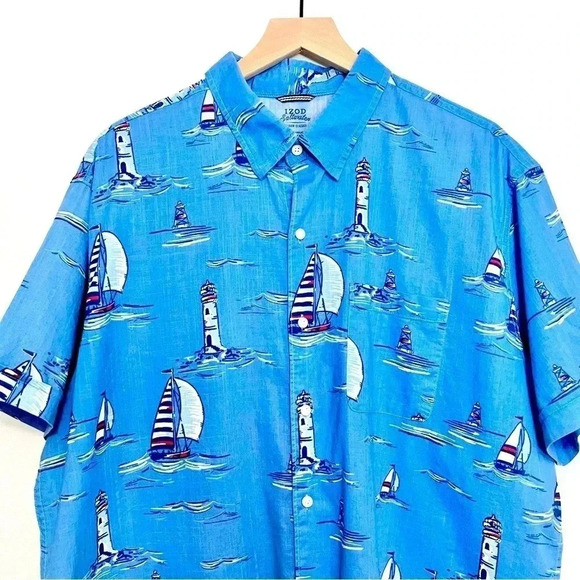 IZOD Blue Sail Boat Button Up Shirt - Picture 5 of 7